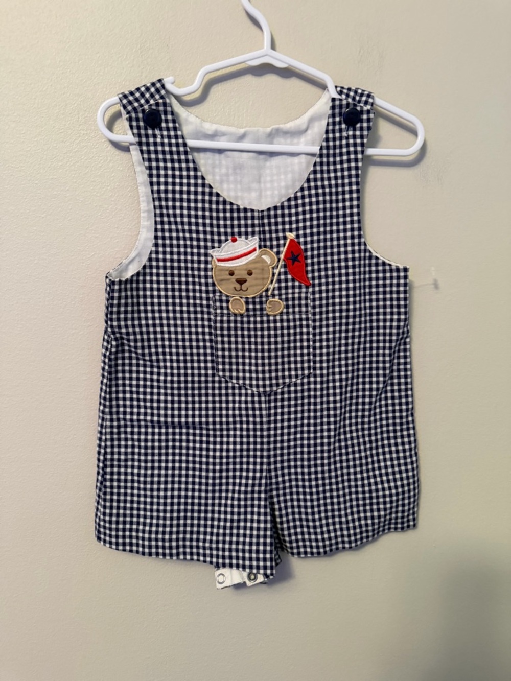 Great Guy Navy Gingham Bear Appliqué Romper for Kids